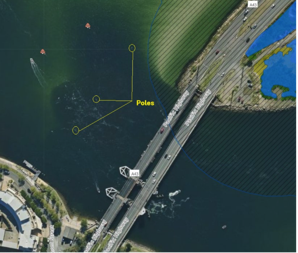 Aerial photo showing location of courtesy poles on western side of Swansea Bridge.